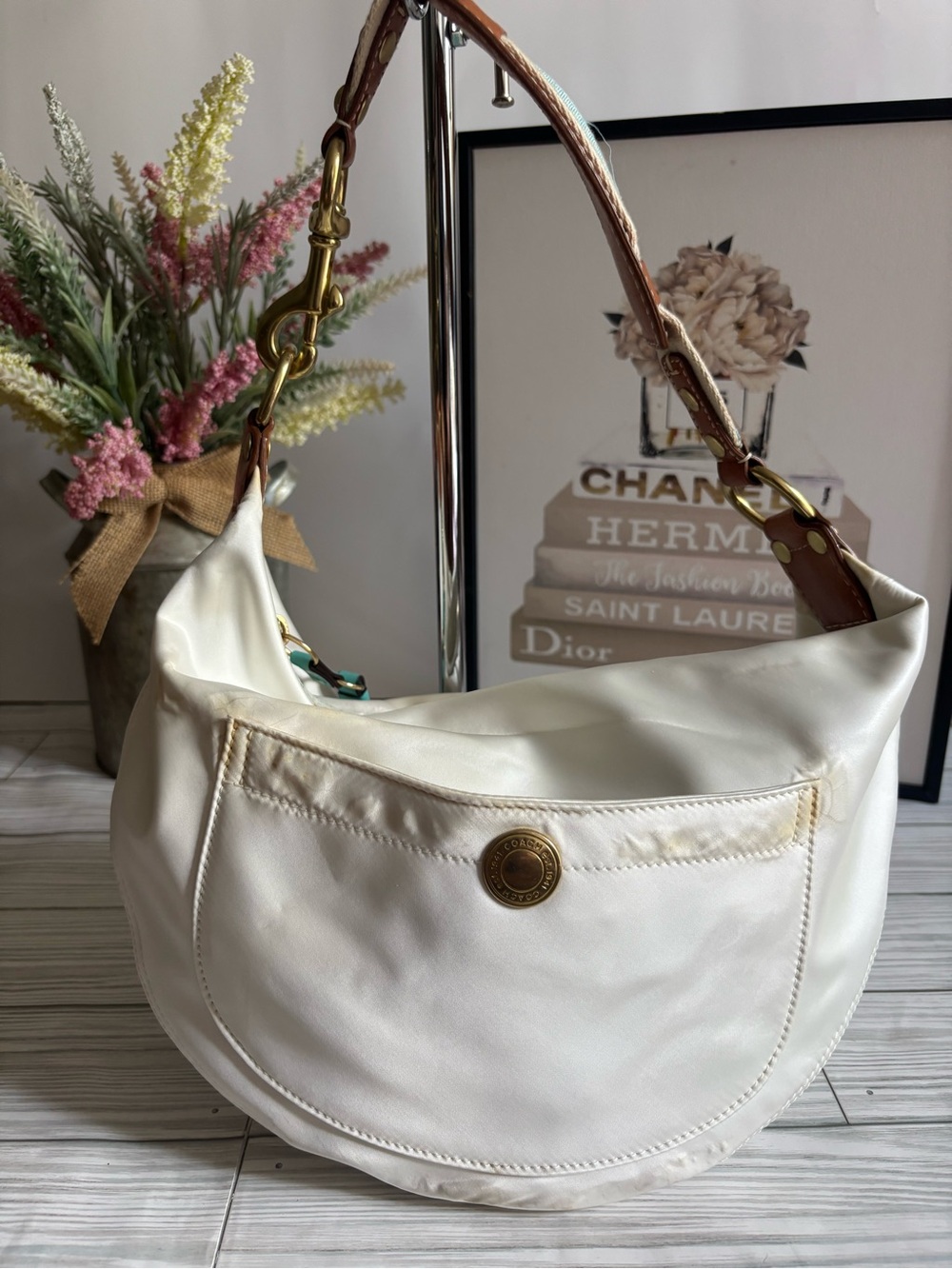 Vintage Y2K Coach Ivory Satin Hampton Shoulder Hobo Bag